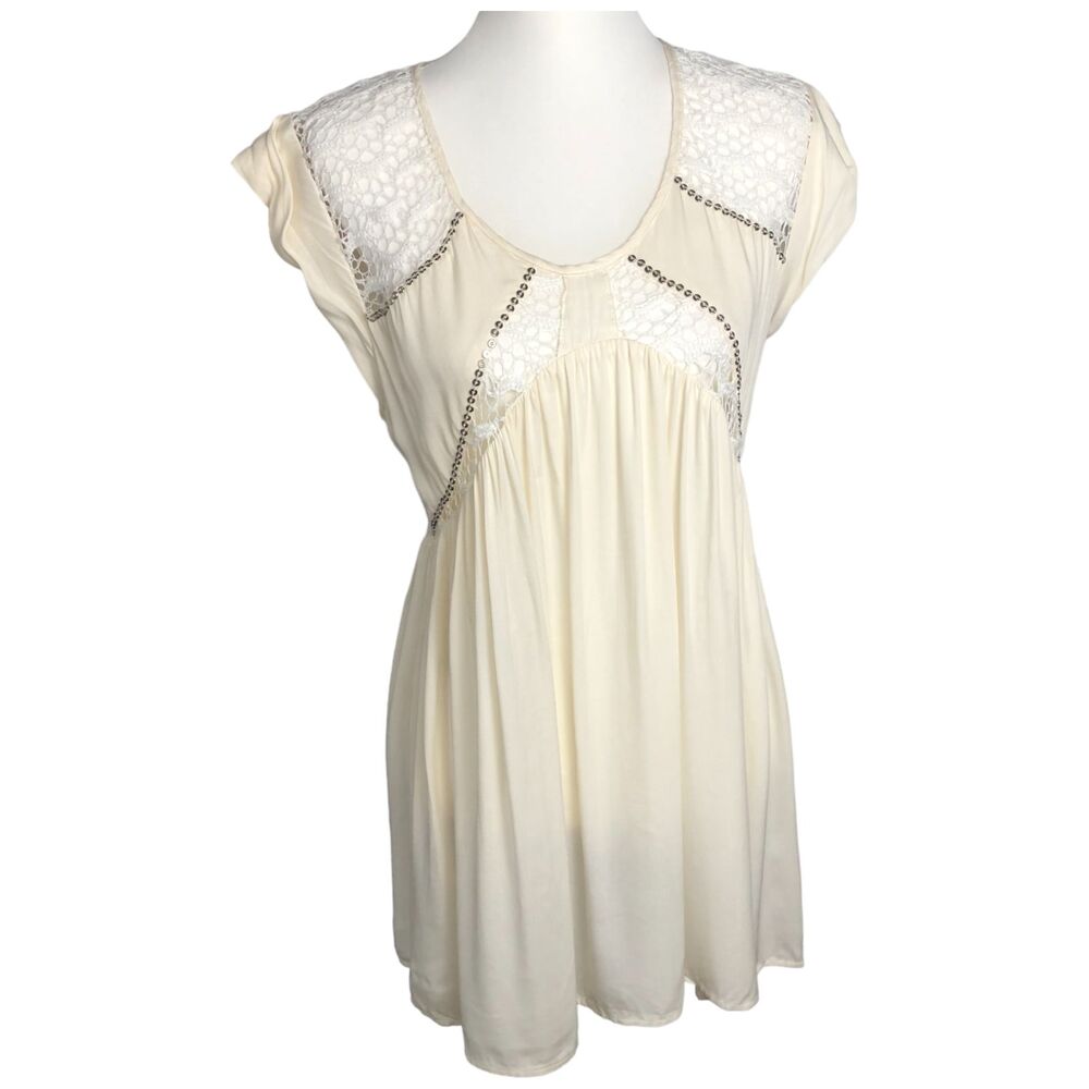 Blessed Are The Meek‎ Short Sleeve White Boho Babydoll Crochet Back Dress Sz S
